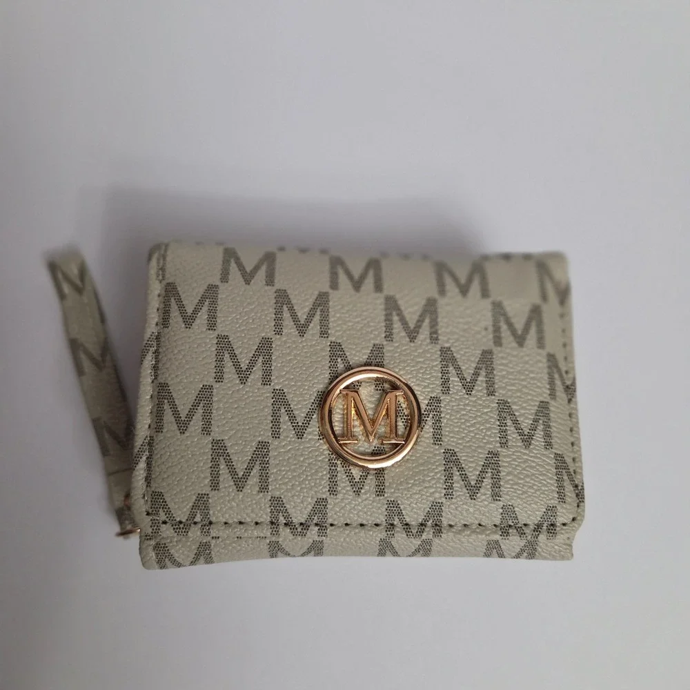 Monogram M Print Trifold Wallet Cream Taupe Gold Tone Logo ID Window Coin Pocket